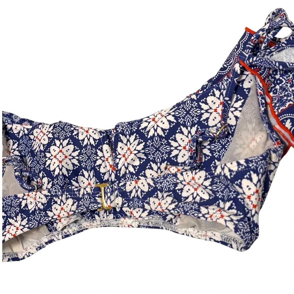 Luli Fama Naughty Girl V-Ruffle Bikini Top Blue Paisley Off Shoulder Small